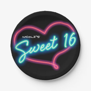 Neon Glow SWEET 16 Heart Birthday Party Paper Plate