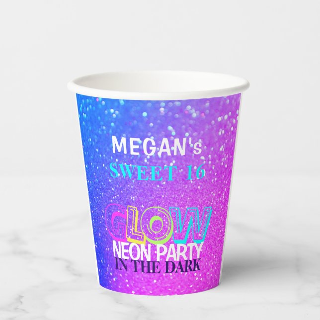 Neon glow Sweet Sixteen birthday party Paper Cups (Front)