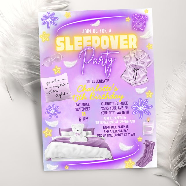 Neon Glow Teen Tween Girls Slumber Sleepover Party Invitation (Creator Uploaded)