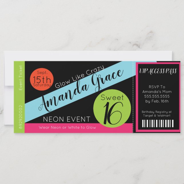 Neon Glow Ticket Sweet Sixteen Birthday VIP Invitation (Front)