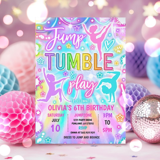 Neon Glow Tie Dye Gymnastics Birthday Party Invitation (Creator Uploaded)