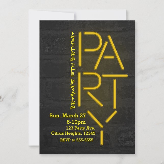 Neon Glow yellow PARTY Brick Wall Urban Invitation (Front)