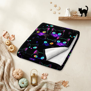 Neon Glowing Black Cat Spooky Halloween Fleece Blanket