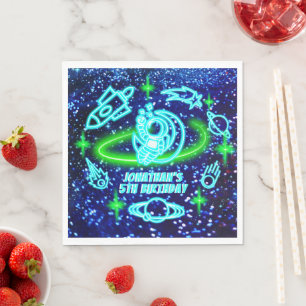 Neon Glowing Blue Outer Space Astronaut Rocket Napkin