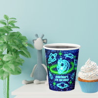 Neon Glowing Blue Outer Space Astronaut Rocket