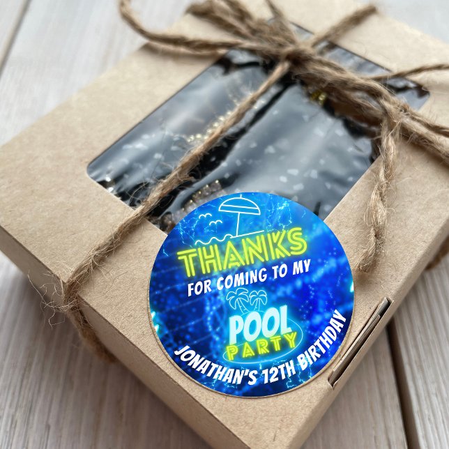 Neon Glowing Boys Pool Party Blue Green Thank You Classic Round Sticker (Creator Uploaded)