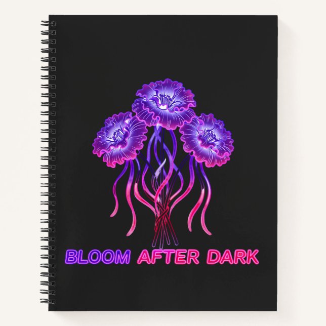 Neon Glowing Flower Black Spiral Notebook (Front)