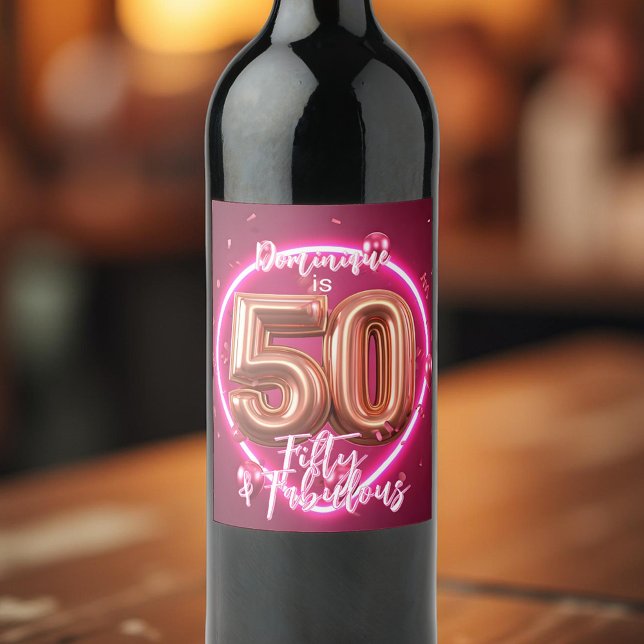 Neon Glowing Glam Rose Gold Balloons 50th Birthday Wine Label (Creator Uploaded)