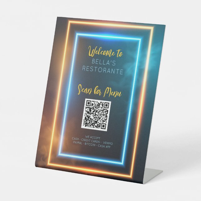 Neon Glowing Menu Restaurant QR Code Table Sign (Front)