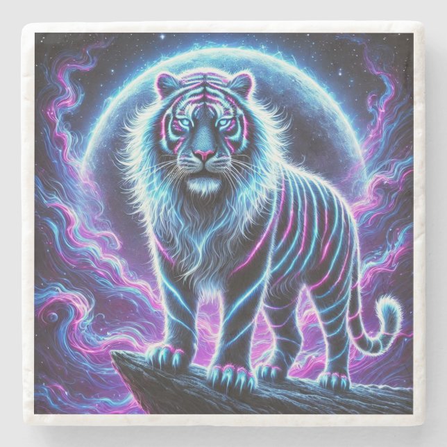 Neon Glowing Tiger Marble Stone Coaster Design. (Front)