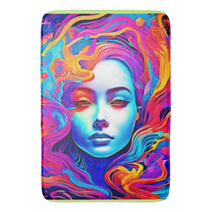 Neon Goddess with Flowing Cosmic Hair Bath Mat