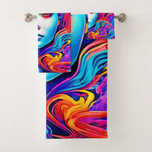 Neon Goddess with Flowing Cosmic Hair Bath Towel Set