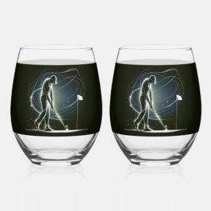 Neon Golfer on Black Stemless Wine Glass