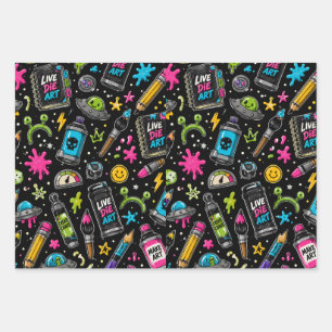 Neon Graffiti Art Supplies & Alien Chaos Pattern Wrapping Paper Sheet