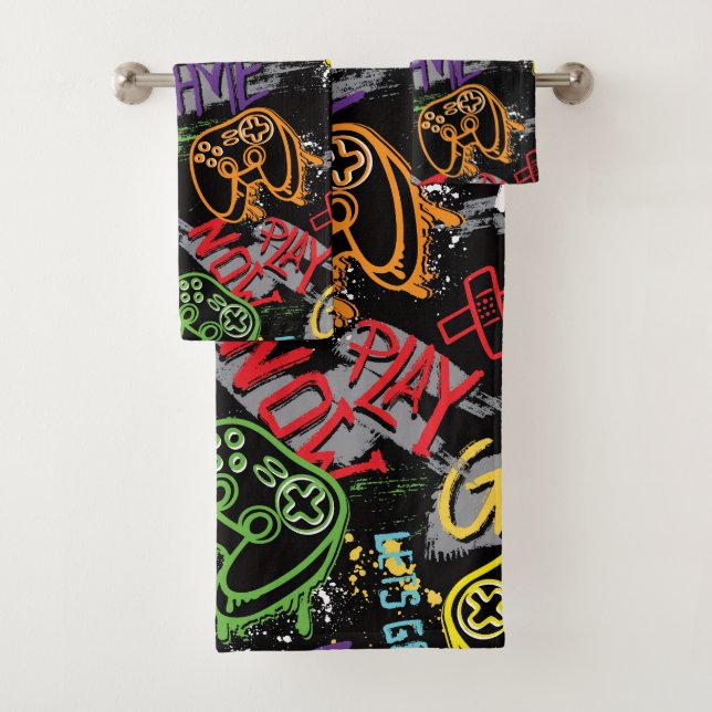 Neon Graffiti Gaming Pattern Bath Towel Set (Insitu)