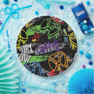 Neon Graffiti Gaming Pattern Paper Plate