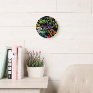 Neon Graffiti Gaming Pattern Round Clock
