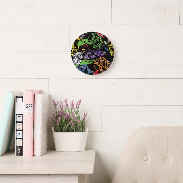 Neon Graffiti Gaming Pattern Round Clock (Reading Room)