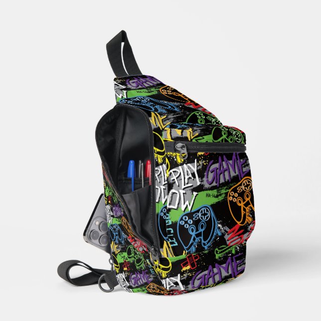 Neon Graffiti Gaming Pattern Sling Bag (Open)