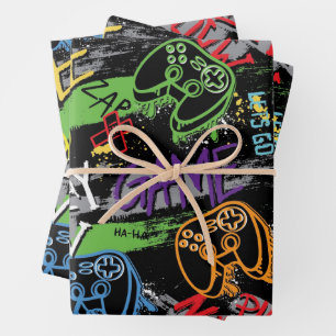 Neon Graffiti Gaming Pattern Wrapping Paper Sheet