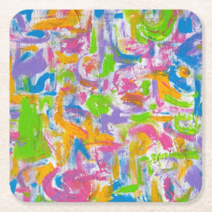 Neon Graffiti-Hand Painted Abstract Brushstrokes Square Paper Coaster