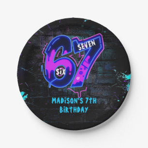 Neon Graffiti Six Seven 7th Birthday Paper Plate