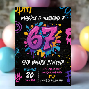Neon Graffiti Six Seven Kids 7th Birthday Party Invitation