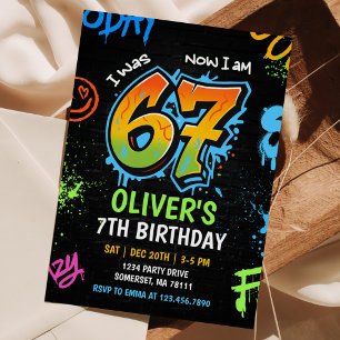 Neon Graffiti Six Seven Kids 7th Birthday Party Invitation
