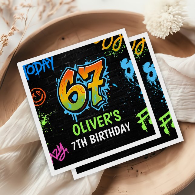 Neon Graffiti Six Seven Kids 7th Birthday Party Napkin (Creator Uploaded)