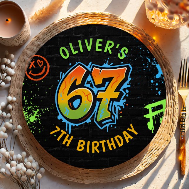 Neon Graffiti Six Seven Kids 7th Birthday Party Paper Plate (Creator Uploaded)