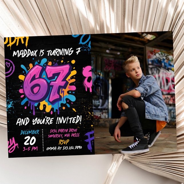 Neon Graffiti Six Seven Kids 7th Birthday Photo Invitation (Creator Uploaded)