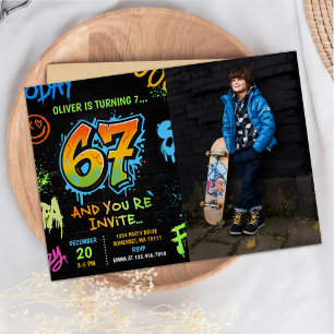 Neon Graffiti Six Seven Kids 7th Birthday Photo Invitation