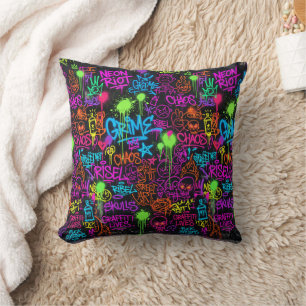 Neon Graffiti Street Art Collage Pattern Cushion