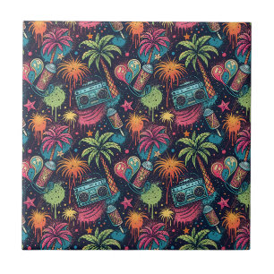 Neon Graffiti Tropical Boombox Street Art Pattern Tile