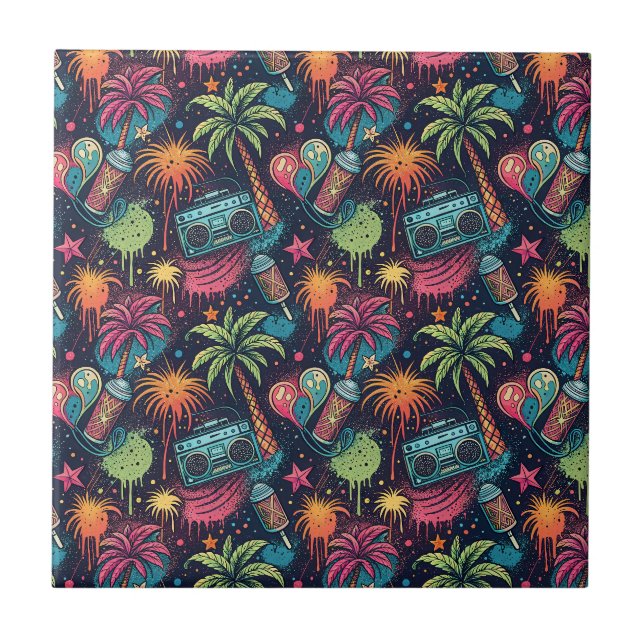 Neon Graffiti Tropical Boombox Street Art Pattern Tile (Front)