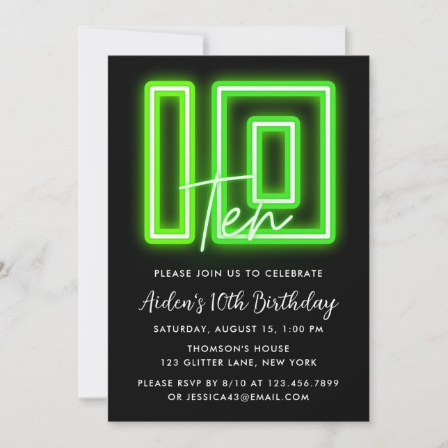 Neon Green 10th Birthday Invitation (Front)