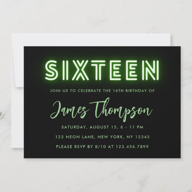 Neon Green 16th Birthday Invitation (Front)