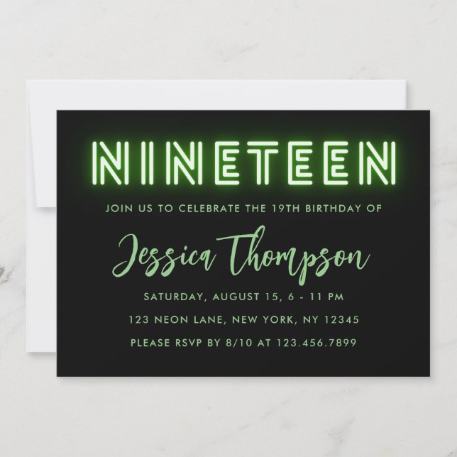 Neon Green 19th Birthday Invitation (Front)