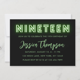 Neon Green 19th Birthday Invitation