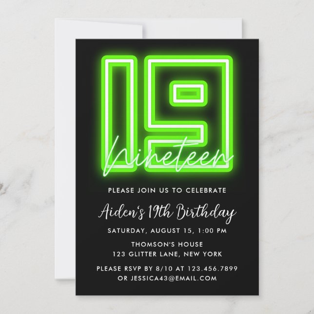 Neon Green 19th Birthday Invitation (Front)