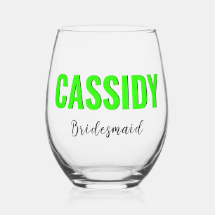 Neon Green 3D Elegant Name Bridesmaid Stemless Wine Glass