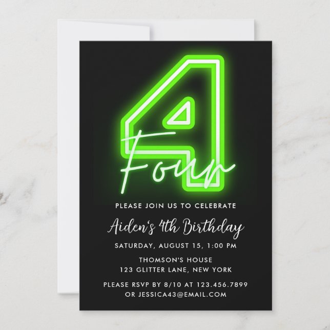 Neon Green 4th Birthday Invitation (Front)