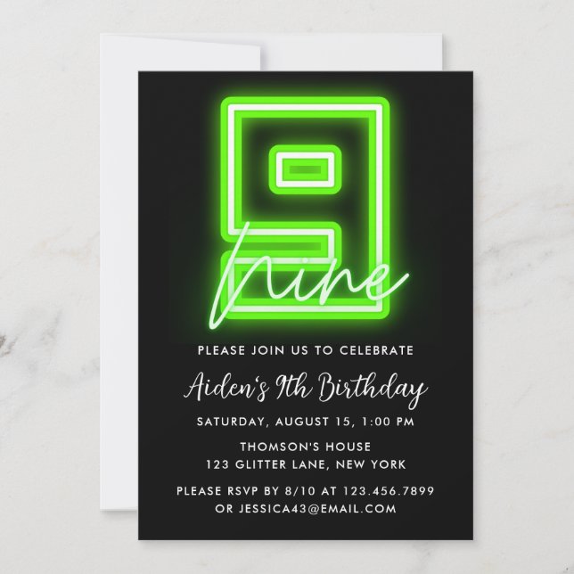 Neon Green 9th Birthday Invitation (Front)