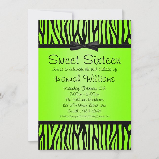 Neon Green and Black Zebra Bow Sweet 16 Birthday Invitation (Front)