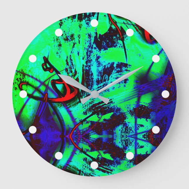 Neon Green And Blue Abstract Pattern Large Clock (Front)
