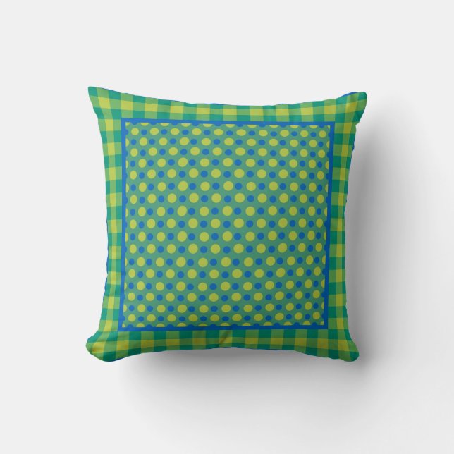 Neon Green and Blue Polka Dots and Check Gingham Cushion (Front)