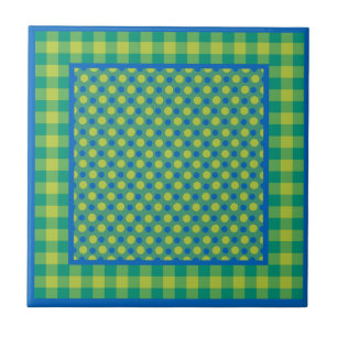 Neon Green and Blue Polka Dots on Emerald, Checks Tile