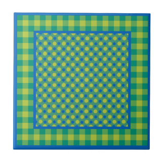 Neon Green and Blue Polka Dots on Emerald, Checks Tile
