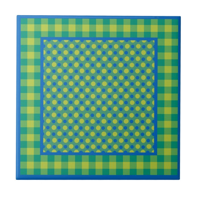 Neon Green and Blue Polka Dots on Emerald, Checks Tile (Front)