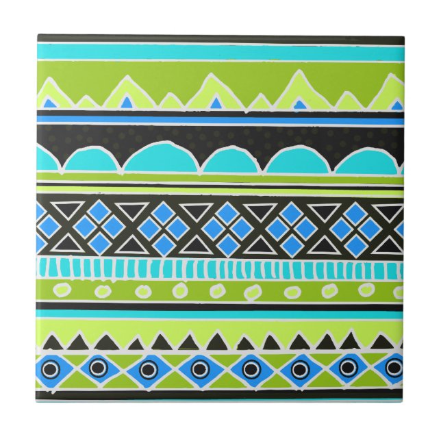 Neon Green and blue tribal pattern Tile (Front)